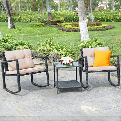 COSTWAY 3 Pieces Patio Rattan Rocking Chair Set, Outdoor Conversation Furniture Sets with Coffee Table, Storage Shelf and Cushions, Modern Bistro Set for Porch, Backyard, Garden, Beige
