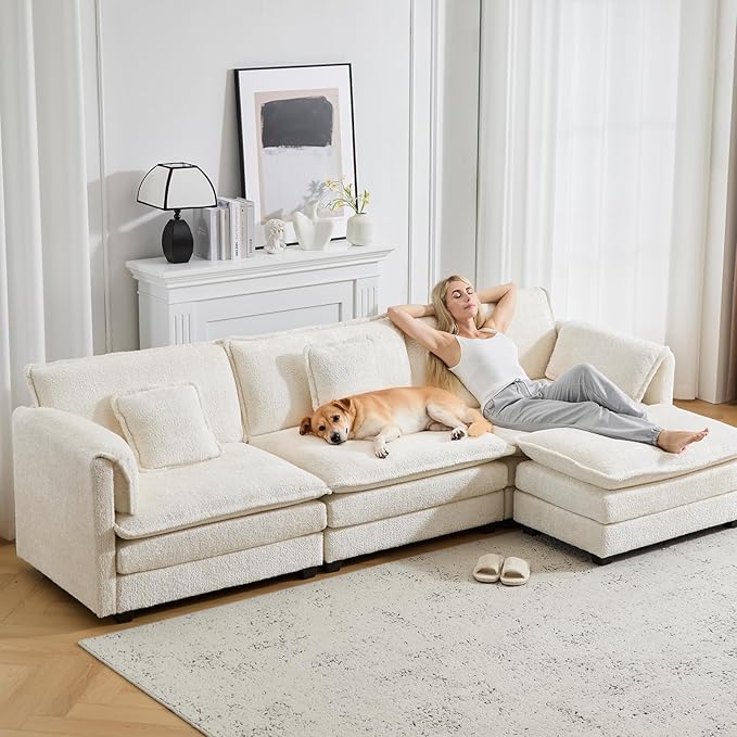 112" U Shaped Modular Sectional Sofa, 3 Seater Comfy Cloud Couch with Movable Ottoman, Deep Seat Couches for Living Room, Bedroom, Apartment (Beige)