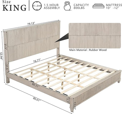 King Size Solid Wood Platform Bed Frame, Solid Wood Bed with 79.13" Headboard, Solid Wood Leg/No Box Spring Needed/Noise Free/Beige