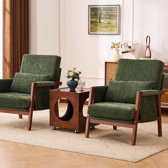 Accent Chair with Wooden, Mid Century Modern Living Room Chairs with Soft Armrest, Reading Pottery Barn Accent Chair, Chenille Armchair, Comfy Side chair with Lumbar Pillow for Lounge, Green