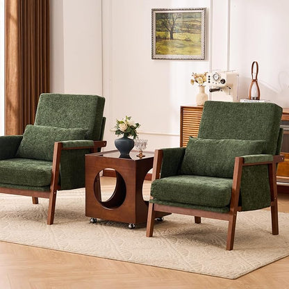 Accent Chair with Wooden, Mid Century Modern Living Room Chairs with Soft Armrest, Reading Pottery Barn Accent Chair, Chenille Armchair, Comfy Side chair with Lumbar Pillow for Lounge, Green
