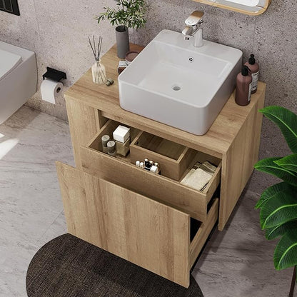 30 Inch Floating Bathroom Vanity with Sink – Wall-Mounted Vanity with Hidden Drawer, Natural Wood Finish, Modern Vessel Sink Vanity for Bathroom(Nature with Sink, 30")