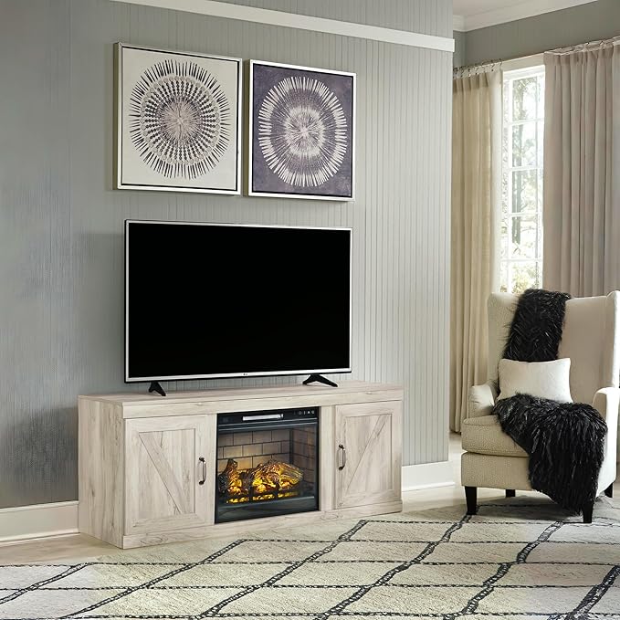 Signature Design by Ashley Bellaby Farmhouse 60" TV Stand with Electric Fireplace for TVs up to 69", Whitewash