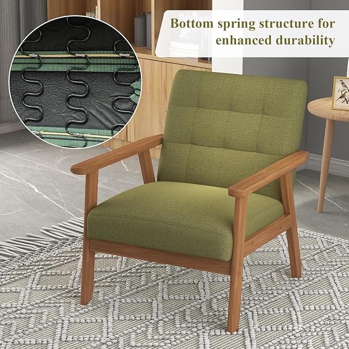 Westice Accent Chair 1PC, Mid-Century Modern Living Room Chairs with Solid Wood Frame & Soft Thicken Cushion, Upholstered Reading Arm Chair for Bedroom, Balcony, Green Linen Fabric & Natural Legs