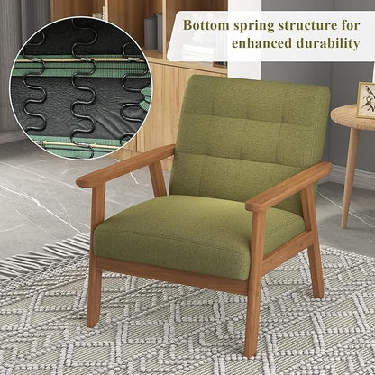 Westice Accent Chairs Set of 2, Mid-Century Living Room Chairs with Solid Wood Frame & Soft Thicken Cushion, Upholstered Arm Reading Chair for Bedroom, Balcony, Green Linen Fabric & Natural Legs