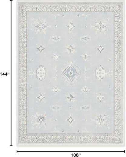 RUGGABLE Washable Vintage Area Rug – Verena Soft Blue 9x12, Stain-Resistant, Non-Slip – Large Machine Washable Rugs for Living Room, Bedroom, Hallway, Entryway & Office–with Cushioned Pad
