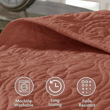 Madison Park King Quilt Set Reversible Damask Quilted Coverlet for King Size Bed, Cotton-Filled Quilts, All Season, Lofty & Warm Bedspread, Quebec, King Clay Red 3 Piece