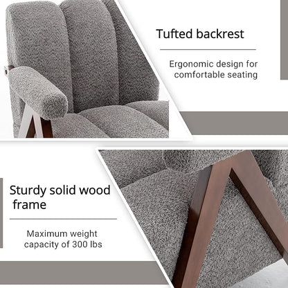 Mid Century Modern Accent Chair with Solid Wood Frame, Boucle Upholstered Living Room Chairs with Thick Cushion, Comfy Tufted Arm Chair for Bedroom, Grey