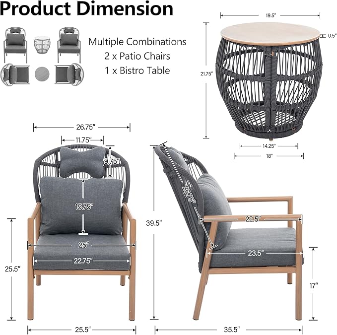 DAYRAUS Living Room Chairs, Accent Chairs Set of 2 with Coffee Table, Rattan Braid Arm Chair, Comfy Reading Lounge Chair, 3 Pieces Living Room Furniture Sets, Bedroom Armchair for Outdoor, Dark Gray