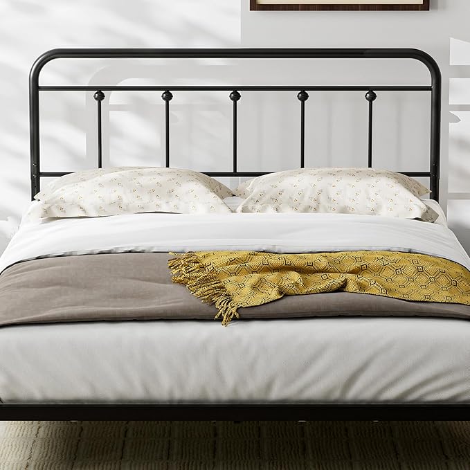 Full Size Headboard with Black Metal Construction, Adjustable Height, Spindle Detail and Elegant Curves Design, Farmhouse and Vintage Style,Steel Headboard Only for Bedroom