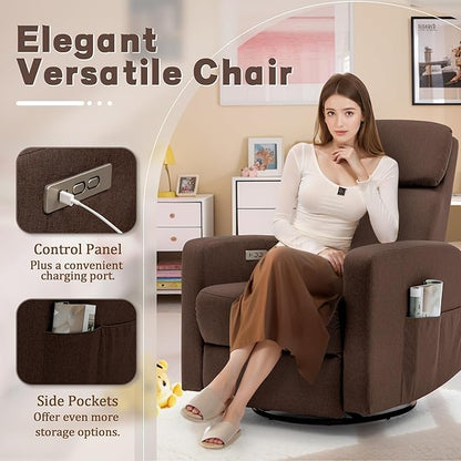Power Swivel Recliner Chairs for Adults, Electric Glider Rocking Chair Nursery, Glider Recliner Nursery Chair with Classified Side Pocket, Nursery Rocking Chairs with USB and Type-C Ports