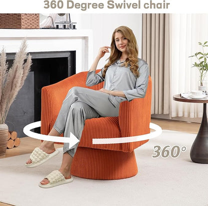 Swivel Accent Chair,Modern 360° Swivel Barrel Chair, Corduroy Upholstered Single Sofa for Living Room, Bedroom(Orange)