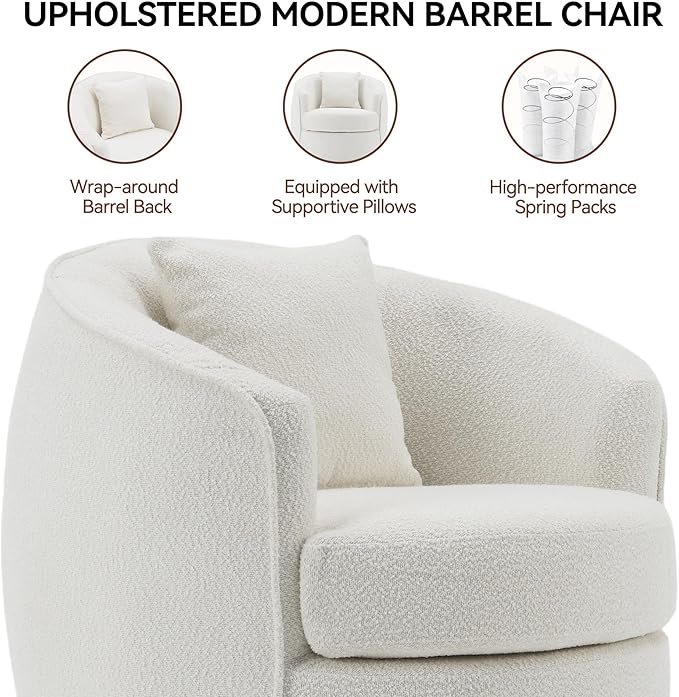 Swivel Accent Chair Set of 2, Modern Upholstered Boucle Barrel Arm Chairs with Pillow for Living Room, 360 Degree Round Swivel Sherpa Armchair with Round Base for Bedroom Club (2, Cream)