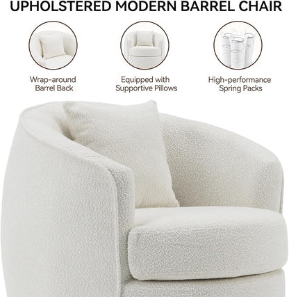 Swivel Accent Chair Set of 2, Modern Upholstered Boucle Barrel Arm Chairs with Pillow for Living Room, 360 Degree Round Swivel Sherpa Armchair with Round Base for Bedroom Club (2, Cream)