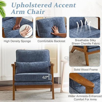 VINGLI Solid Wood Wide Armrests Accent Chair,Upholstered Mid Century Modern Chair with Pillow,Comfy Reading Chair Farmhouse Arm Chair,Chairs Living Room,Bedroom,Guest Room,Chenille Fabric,Dark Blue