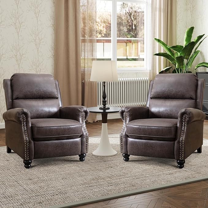 Push Back Recliner Chair Faux Leather Lounge Armchair with Rivet Decoration Wingback Single Sofa Chair with Padded Seat Solid Wood Legs for Living Room, Comfy Upholstered Set of 2, Dark Grey