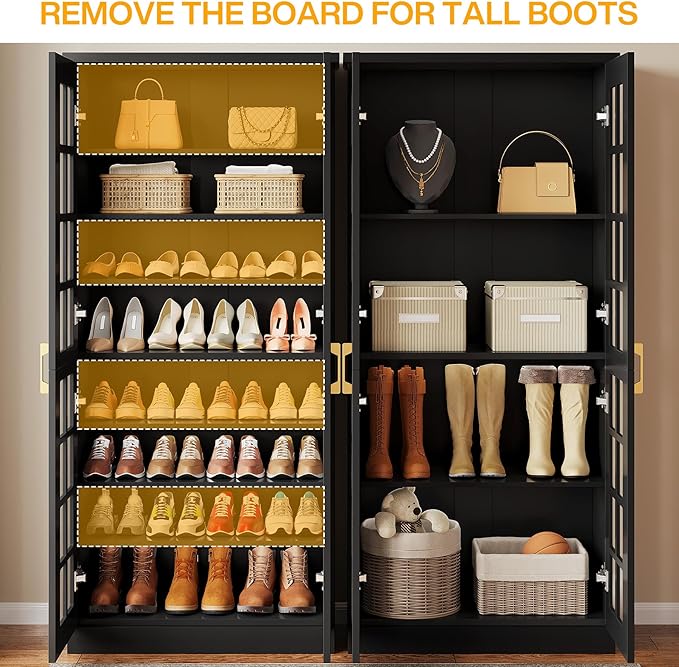 Tribesigns 70-Inch Tall Shoe Cabinet with Doors, 8-Tier Shoe Storage Cabinet with Adjustable Shelves, Modern Shoe Organizer Shoe Rack Cabinet for Entryway, Hallway, Closet, Living Room, Black and Gold