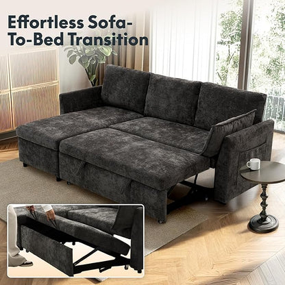 FLEXISPOT XB5 78" Pull Out Couch Bed with Storage Chaise, 2-in-1 Convertible Sofa Bed with USB Charging Ports, 3-Seater Sectional Sofa Couch for Living Room Apartment, Easy to Assemble(Dark Gray)