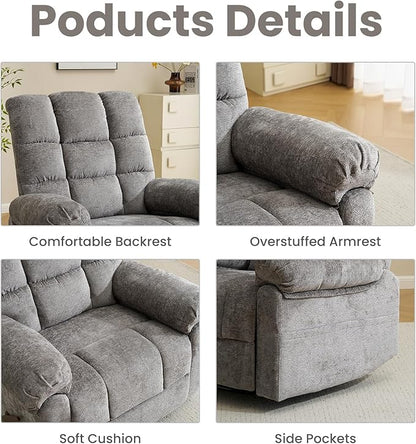 Oversized Swivel Rocker Recliner with Massage and Heat, 26" Extra Wide Manual Recliner for Adults & Big Man, Overstuffed Rocking Chair with High Back for Living Room, Grey Chenille