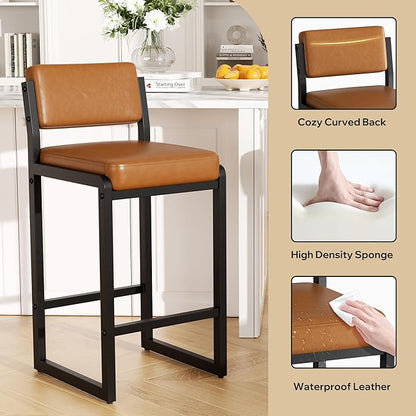 Bar Stools Set of 5, Faux Leather Counter Height Bar Stools with High Back and Metal Legs, Upholstered Bar Chairs, 26" Modern Barstools for Kitchen Island, Caramel