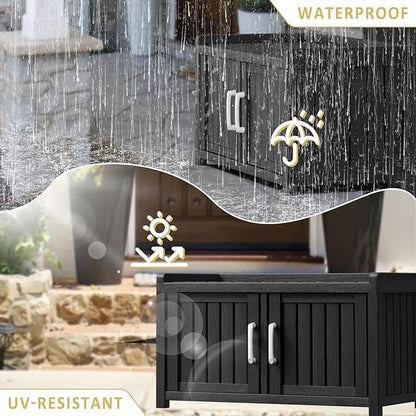 Storage Bench - 2 Doors Waterproof Resin Shoe Bench with Adjustable Shelves - Indoor & Outdoor Use, Entryway Bench with Seating for Bedroom, Living Room, Hallway - Black