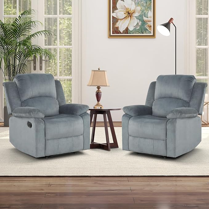 CANMOV Manual Recliner Chair Set of 2, Soft Fabric Overstuffed Recliner Single Sofa Chair for Living Room, Heavy Duty and Safety Reclining Mechanism (Blue Grey)
