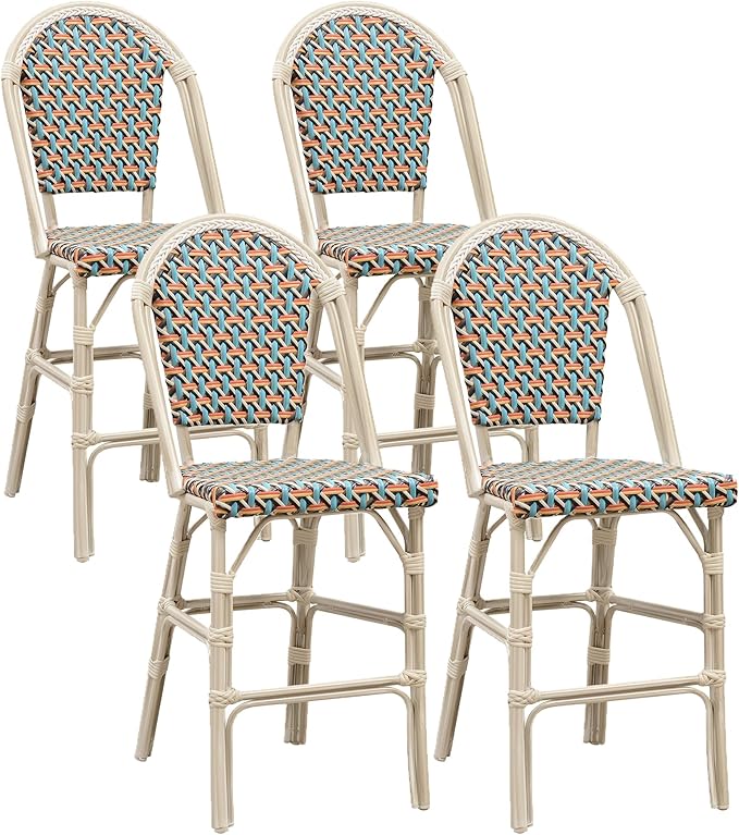 PURPLE LEAF French Counter Height Bar Stool Set of 4 25" White Print Finish Patio Chairs with Back Rattan Bar Chairs French Bistro Set for Kitchen Outdoor Counter Stool Colorful
