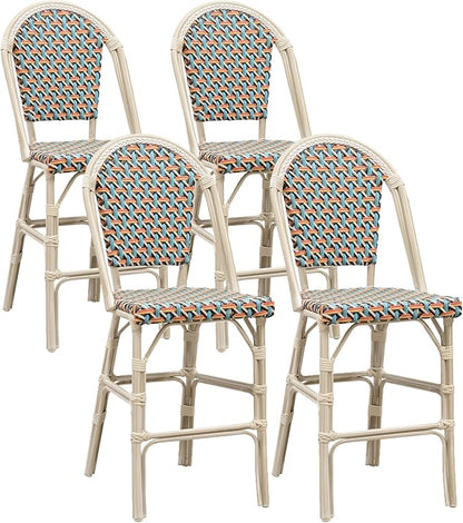 PURPLE LEAF French Counter Height Bar Stool Set of 4 25" White Print Finish Patio Chairs with Back Rattan Bar Chairs French Bistro Set for Kitchen Outdoor Counter Stool Colorful