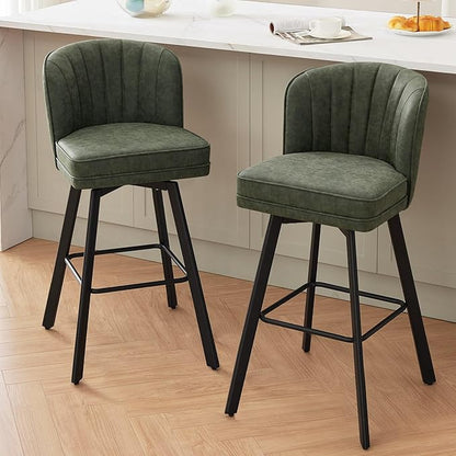 Swivel Counter Height Bar Stools Set of 2, 30'' Modern Barstools with Backs and Metal Legs, Upholstered Bar Chairs, Faux Leather Green Stools for Kitchen Island Chairs