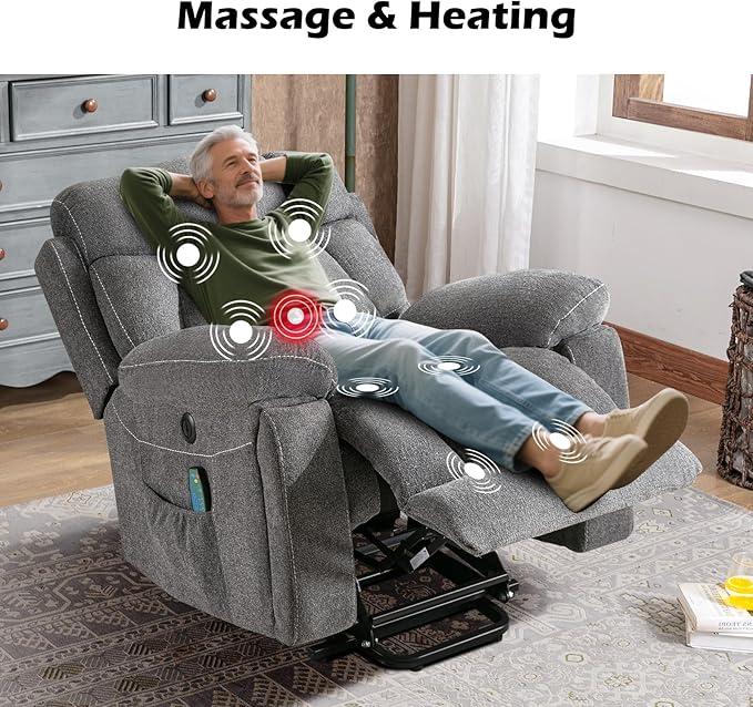 Large Power Lift Recliner Chair with Massage and Heat for Elderly, Wide Padded Recliner with 2 Cup Holders, Side Pocket & USB Charger(1, Dark Gray)