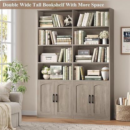 FACBOTALL Bookshelf and Bookcase with Doors, 6 Tier Double Wide Large Bookshelves, Open Display Shelves, 73'' Tall Bookshelf with Storage Cabinets for Home Office, Living Room, Library, Wash Gray