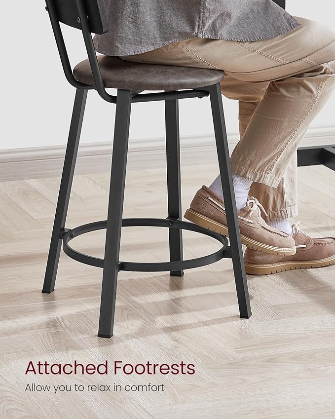VASAGLE Bar Stools, Set of 2 PU Upholstered Breakfast Stools, 29.7-Inch Barstools with Back and Footrest, Simple Assembly, for Dining Room Kitchen Counter, Classic Black and Coffee Brown ULBC059B82