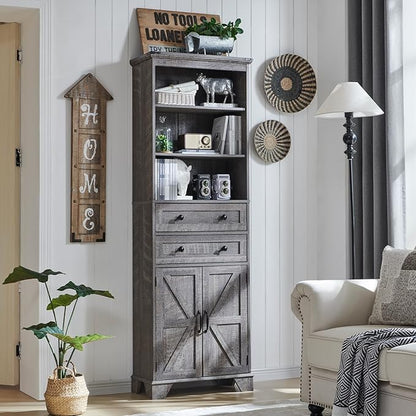 ACCOHOHO Bathroom Storage Cabinet, 72" Tall Farmhouse Storage Cabinet with 2 Drawers, Adjustable Shelves & Barn Door, Cabinet for Bathroom, Living Room, Kitchen, Grey Wash