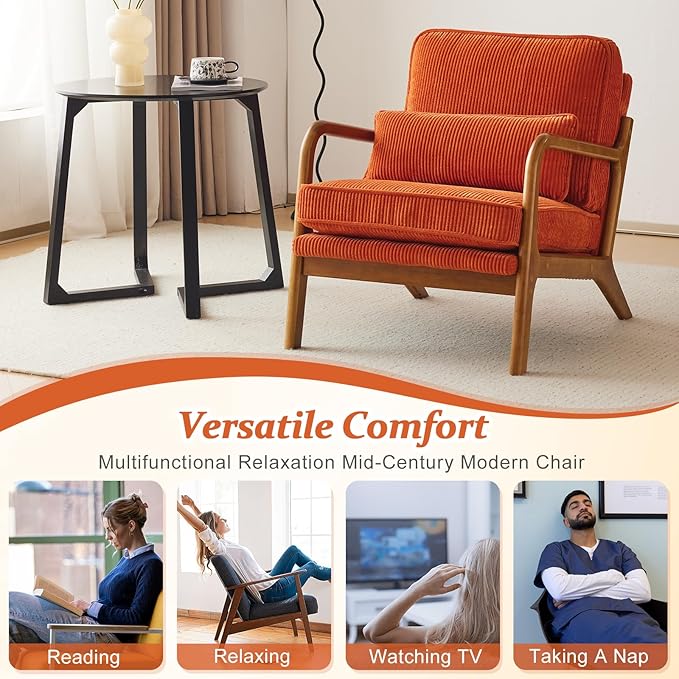 VINGLI Upgraded Premium Corduroy Accent Chair,Upholstered Arm Chair,Solid Wood Comfy Reading Chair with Lumbar Pillow, Mid Century Modern Chairs for Living Room,Bedroom,Burnt Orange