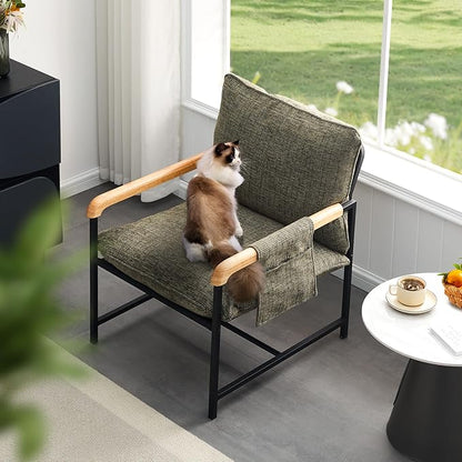 CLIPOP Modern Accent Chair, Modica Fabric Comfy Reading Chair with Wood Arms, Removable Cover, Side Pocket, Soft Cushion, Leisure Living Room Armchair for Bedroom, Home Office, Green