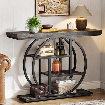 Tribesigns 41.3" Console Table, Industrial 4-Tier Sofa Table Entryway Table with Circle Base, Narrow Wood Accent Tables with Storage Shelves for Living Room, Hallway, Foyer, Charcoal Black