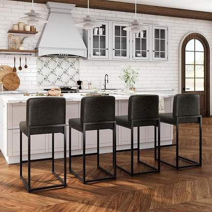 ALPHA HOME 24 Inch Bar Stools Set of 2, Kitchen Counter Stools with Backs, PU Leather Barstools, Kitchen Stools with Back&Upholstered Footrest, Sturdy Chromed Metal Steel Frame, Grey