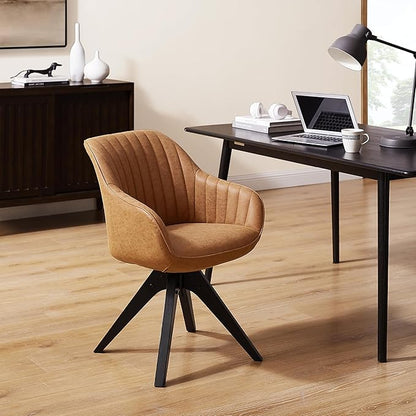 Zouron Mid Century Modern Accent Chair with Black Oak Wood Legs, Upholstered Swivel Chair No Wheels, Side Accent Armchair Vanity Chair for Small Space Home Office Living Room Bedroom, Brown