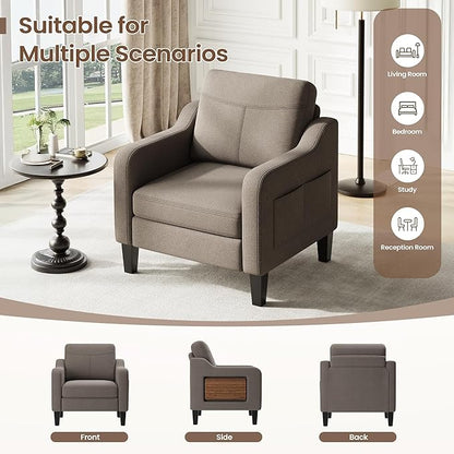 Accent Chair for Living Room Modern Linen Upholstered Armchair Side Wooden Fabric Sofa Chair with Foldable Table 2 Side Pockets Comfy Reading Chair for Bedroom