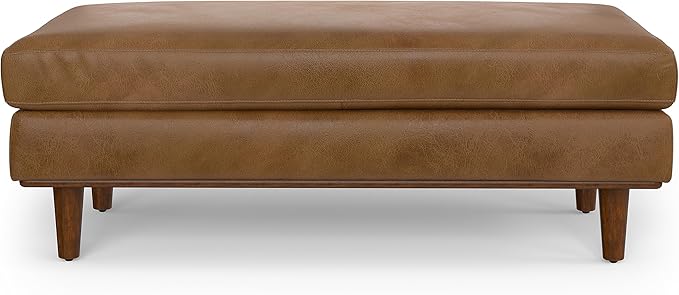 SIMPLIHOME Morrison 49 inch Wide Large Rectangular Ottoman in Caramel Brown Genuine Leather, Multifunctional Footrest, Coffee Table, and Extra Seating for Living Room, Mid-Century Modern Style