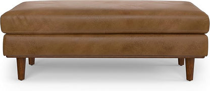 SIMPLIHOME Morrison 49 inch Wide Large Rectangular Ottoman in Caramel Brown Genuine Leather, Multifunctional Footrest, Coffee Table, and Extra Seating for Living Room, Mid-Century Modern Style