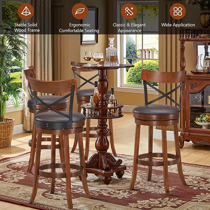 COSTWAY Bar Stool Set of 4, 360-Degree Swivel Solid Wood Stools with Soft Cushion & Backrest, 29.5” Height Kitchen Counter Bar Stools for Kitchen Island, Pub, and Restaurant (4, 29in)