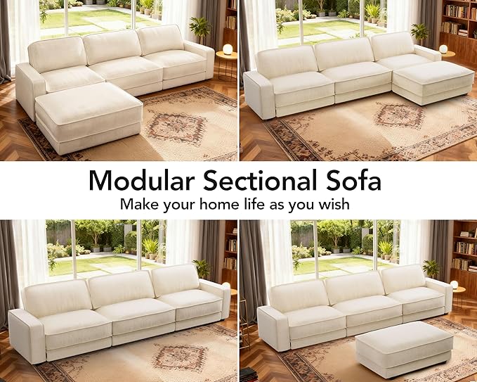 Sunny Heart 120" L-Shaped Modular Sectional Sofa, Oversized Cloud Couch with Movable Ottoman, 4-Seat Chenille Deep Seat Sofa with Pillow, Sectional Couches for Living Room, Apartment, Beige