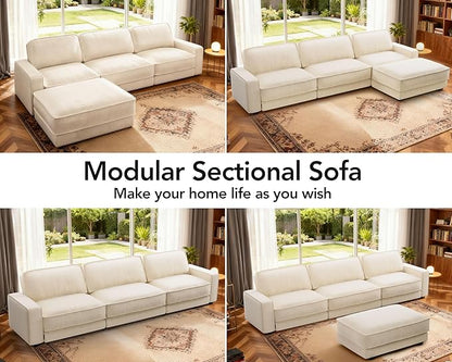 Sunny Heart 120" L-Shaped Modular Sectional Sofa, Oversized Cloud Couch with Movable Ottoman, 4-Seat Chenille Deep Seat Sofa with Pillow, Sectional Couches for Living Room, Apartment, Beige