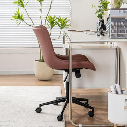 YOUNIKE Office Chair, Armless Desk Chair with Wheels, Adjustable Swivel Home Office Computer Task Chairs, Modern Faux Leather Upholstered Vanity Chair with Back, Dusty Rose