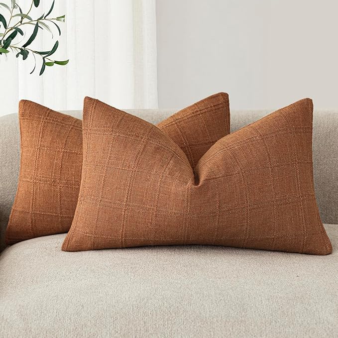 Foindtower Set of 2 Decorative Linen Check Throw Pillow Covers Neutral Farmhouse Lumbar Cushion Covers Modern Boho Home Decor for Sofa Chair Couch Bedroom Living Room,12×20 Inch,Orange