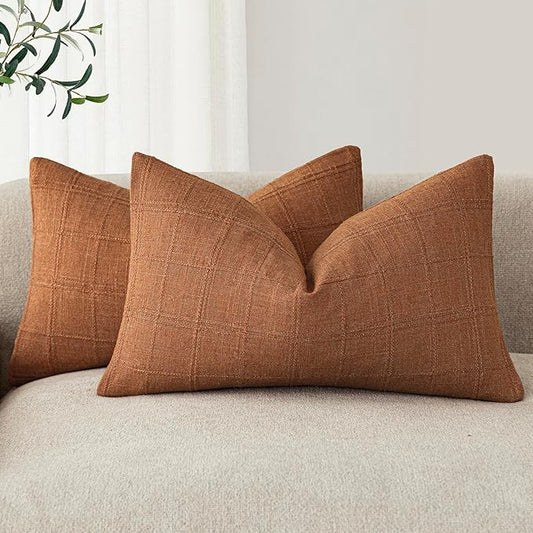 Foindtower Set of 2 Decorative Linen Check Throw Pillow Covers Neutral Farmhouse Lumbar Cushion Covers Modern Boho Home Decor for Sofa Chair Couch Bedroom Living Room,12×20 Inch,Orange