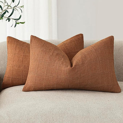 Foindtower Set of 2 Decorative Linen Check Throw Pillow Covers Neutral Farmhouse Lumbar Cushion Covers Modern Boho Home Decor for Sofa Chair Couch Bedroom Living Room,12×24 Inch,Orange
