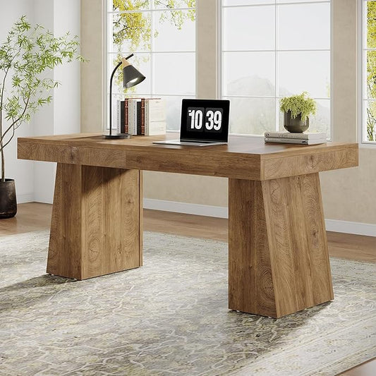 Tribesigns 55" Executive Desk, Wooden Office Desk with Double Pedestal, Modern Simple Computer Writing Table for Home Office, Light Brown
