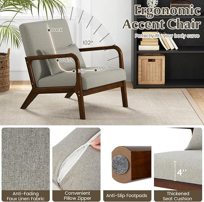 KOMFOTT Mid-Century Modern Accent Chair Set of 2, Living Room Leisure Chair with Cushioned Seat & Back, Upholstered Armchair with Rubber Wood Frame & Lumbar Pillow, Lounge Chair for Bedroom, Grey